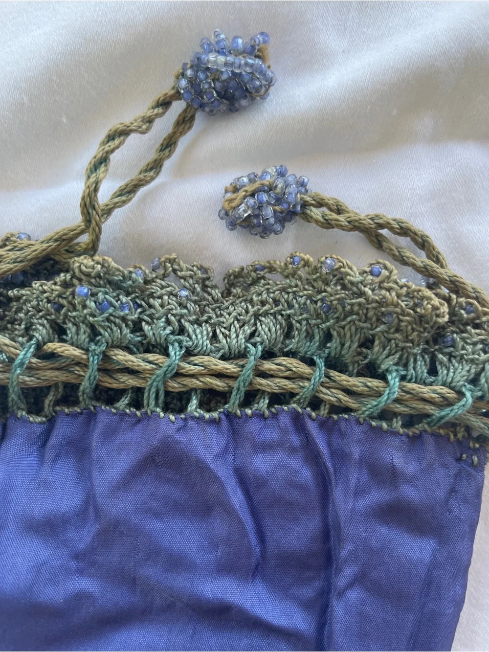Antique Early 1900s Hand Beaded Crochet Reticule Purse Silk Lined
